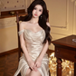 Champagne-colored halter-neck, fitted waist, bodycon long ball gown R7532