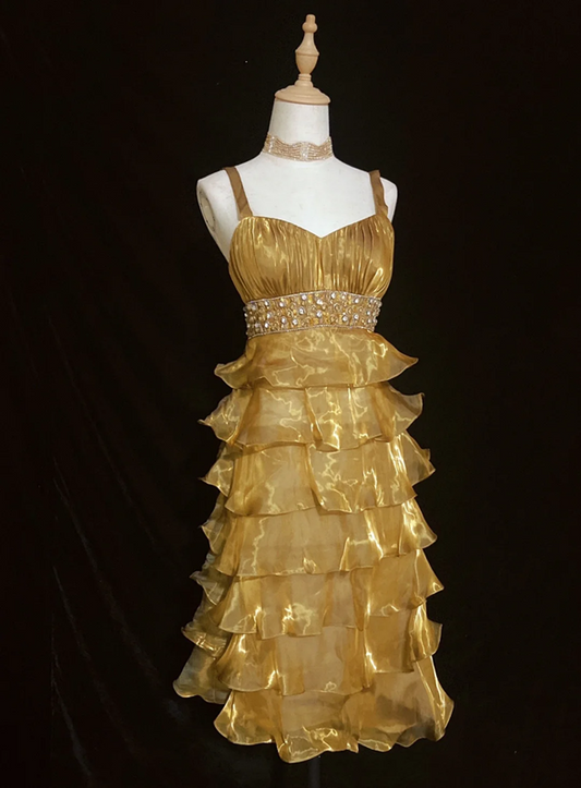 Gold strapless tube top with pleated high waist cake skirt mid-length skirt homecoming dress R5001
