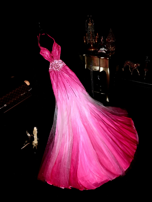 Gradient pink halter neck strapless waist slim-fit long ball gown R6972