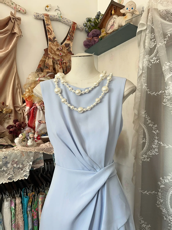 Light blue sleeveless slim waist elegant short skirt ball gown R6214