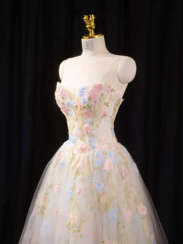 Pink floral strapless cinched waist ball gown with a full skirt, long ball gown, bridal dress R8919