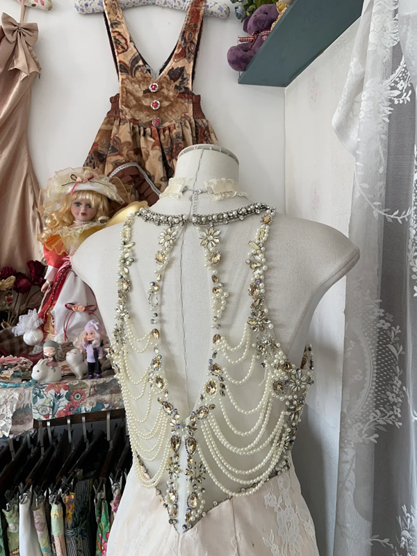 Champagne-colored sleeveless beaded fitted short ball gown R6373