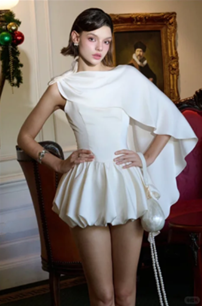 White cape waist slim flower bud skirt short skirt homecoming dress R4431