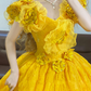 Yellow V-neck Floral-Embellished Waist-Cinched Elegant Vintage Puffball Skirt Ball Gown, Bridal Gown R7344