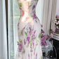 White dress with pink floral print, fitted waist, sexy long ball gown R7647