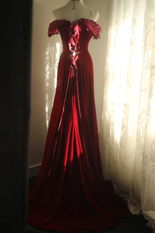 Red off-the-shoulder fitted long ball gown R6733