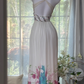 White halter-neck, fitted waist, printed skirt, long ball gown R7608