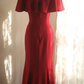 Red off-the-shoulder ruffled neckline, fitted waist, long ball gown R6693