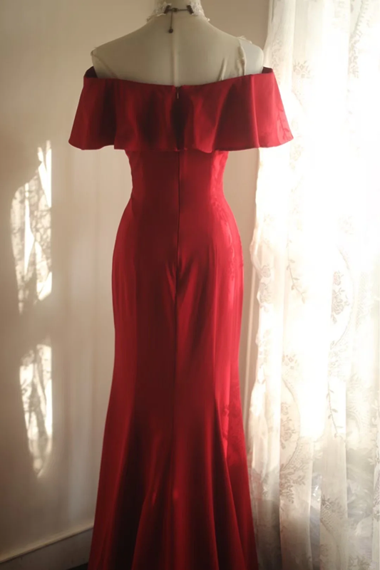 Red off-the-shoulder ruffled neckline, fitted waist, long ball gown R6693