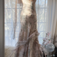 Light pink floral print halter-neck fitted bodycon long ball gown R7688