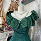 Dark green off-the-shoulder satin waist slim-fit retro temperament long skirt ball gown R6174