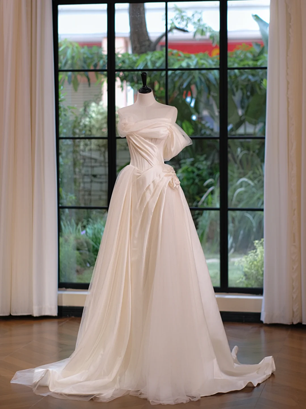 White sleeveless slim waist design satin bridal gown R5700