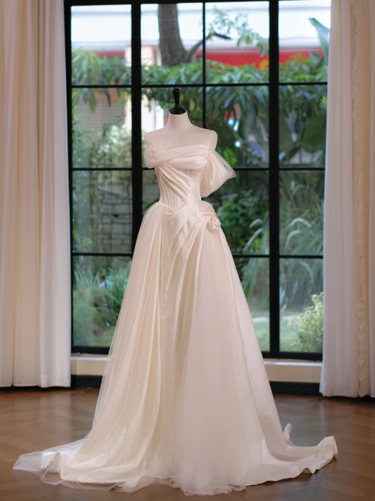 White sleeveless slim waist design satin bridal gown R5700
