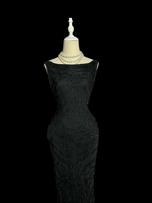 Black sleeveless sequined fitted waist sexy ball gown R6613