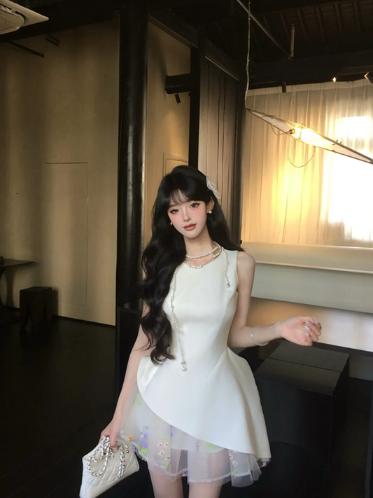 White sleeveless slim waist irregular skirt homecoming dress R5081