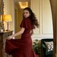 Burgundy shawl fitted waist sexy slit ball gown bridal dress R8585