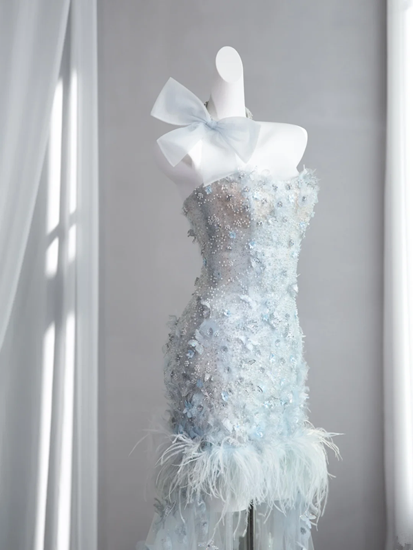 Light blue strapless, fitted, bodycon, sexy short ball gown/bridal dress R8428