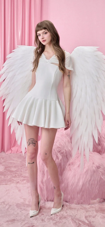 White V-neck slim waist A-line pleated short skirt homecoming dress R4473