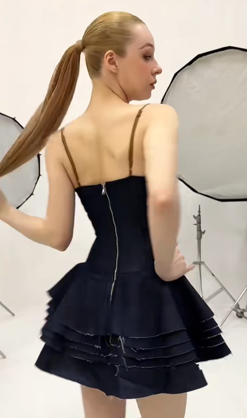 Dark blue suspenders waist slim hot girl sexy cake skirt homecoming dress R4391