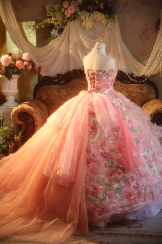 Pink floral-patterned strapless ball gown with a cinched waist and a voluminous puffy skirt; bridal gown R7285
