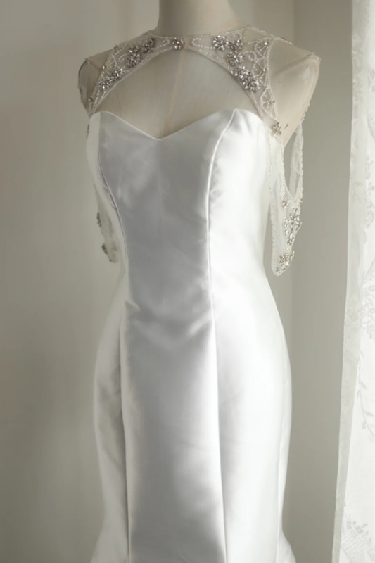 White satin fitted mermaid long ball gown/bridal dress R6772