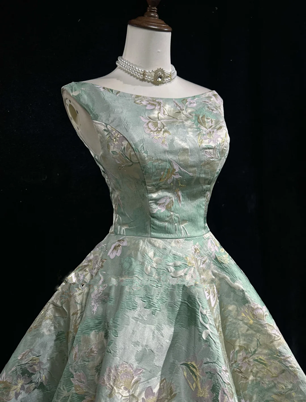 Green printed sleeveless slim waist puffy A-line princess dress homecoming dress R4961