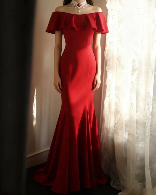 Red off-the-shoulder ruffled neckline, fitted waist, long ball gown R6693