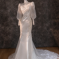 White elegant long sleeve slim waist maxi bridal dress R5780