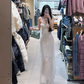 White strapless waist-cinching elegant long prom dress R7919