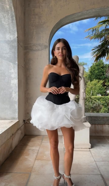 Black Strapless Waist‑Cinched Top with White Tulip‑Hem Short Skirt Homecoming Dress R5443