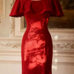 Red off-the-shoulder ruffled neckline, fitted waist, long ball gown R6693