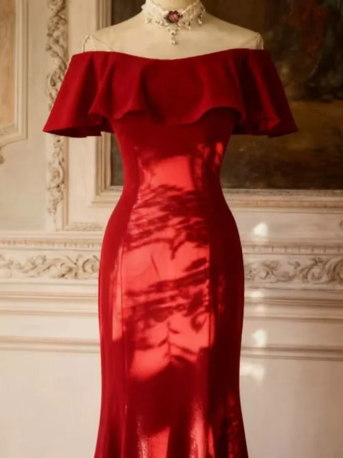 Red off-the-shoulder ruffled neckline, fitted waist, long ball gown R6693