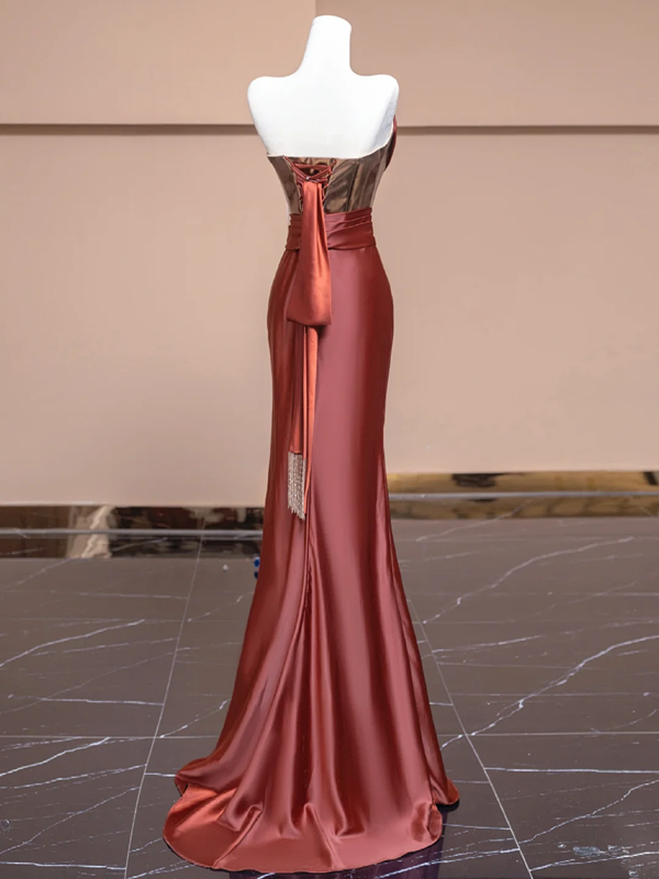 Champagne gold strapless dress with retro reddish-brown bodycon skirt, sexy ball gown/bridal gown R8283