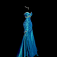 Blue strapless, fitted waist, pleated hips, long fishtail skirt, ball gown R8102