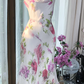 White dress with pink floral print, fitted waist, sexy long ball gown R7647