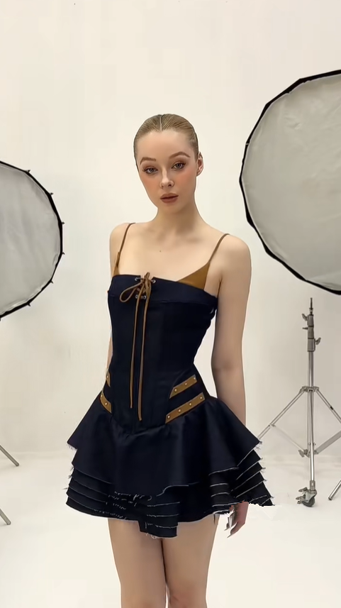 Dark blue suspenders waist slim hot girl sexy cake skirt homecoming dress R4391