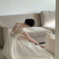 White spaghetti strap, waist-cinched, slim-fit, full-skirt prom dress, wedding dress R7959