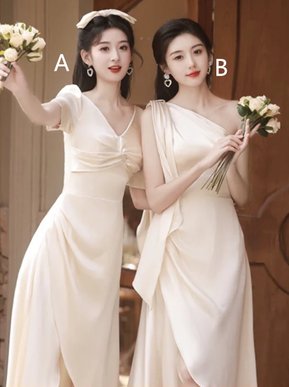 White satin elegant waist slim A-line maxi ball gown, bridesmaid dress R6115