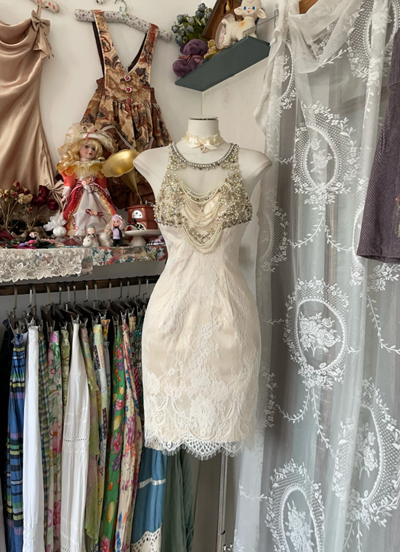 Champagne-colored sleeveless beaded fitted short ball gown R6373