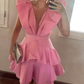 Pink V-neck waist A-line short skirt homecoming dress R5502