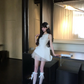 White sleeveless slim waist irregular skirt homecoming dress R5081