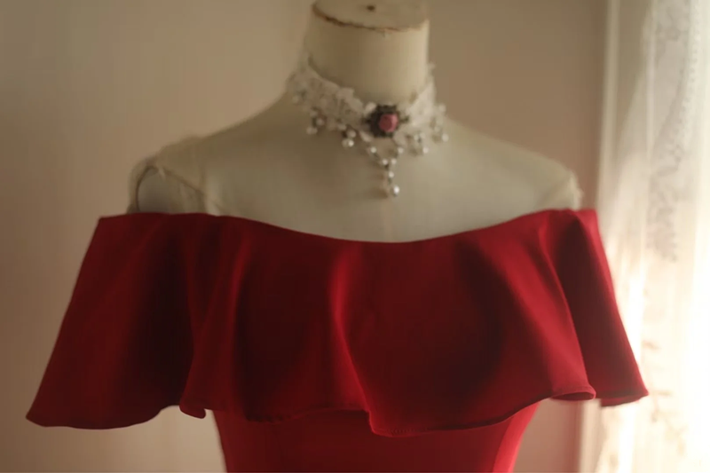 Red off-the-shoulder ruffled neckline, fitted waist, long ball gown R6693