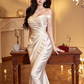 Champagne-colored halter-neck, fitted waist, bodycon long ball gown R7532