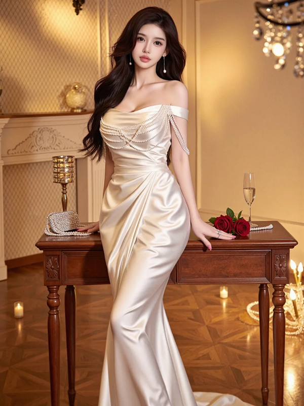 Champagne-colored halter-neck, fitted waist, bodycon long ball gown R7532
