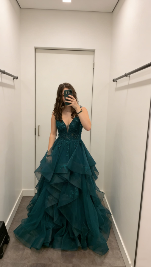 Ruffled Tulle Puffy Corset Prom Gown , Bud Green Women's Maxi Evening Dress RS2530