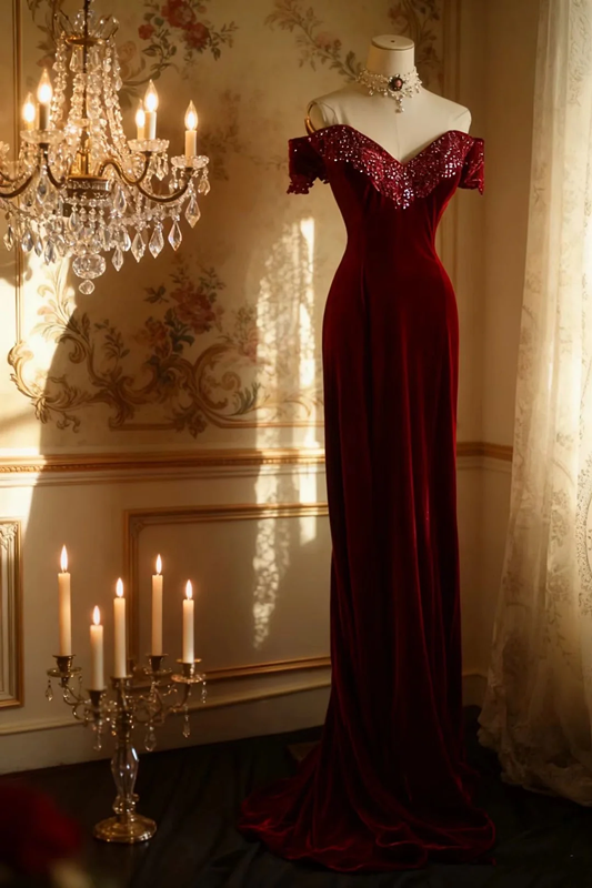 Red off-the-shoulder fitted long ball gown R6733