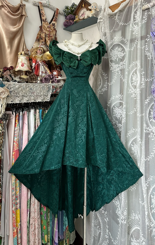 Dark green off-the-shoulder satin waist slim-fit retro temperament long skirt ball gown R6174