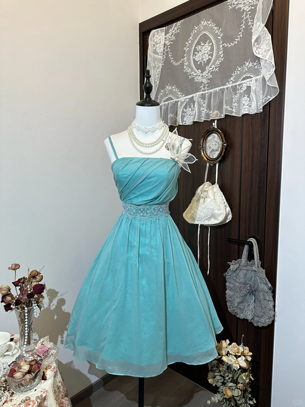 Lake blue suspender waist flared skirt mid-length skirt homecoming dress R4310