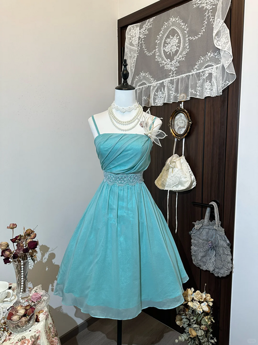 Lake blue suspender waist flared skirt mid-length skirt homecoming dress R4310