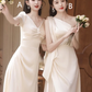 White satin elegant waist slim A-line maxi ball gown, bridesmaid dress R6115